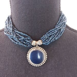(3/$20) Faux antique silver blue beaded necklace.